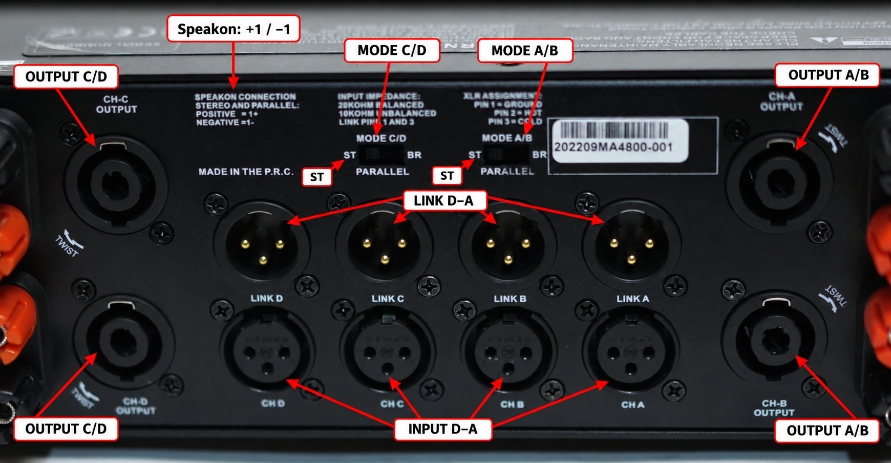 Mặt sau Dapro MA4800 với INPUT, OUTPUT và công tắc chế độ A B C D